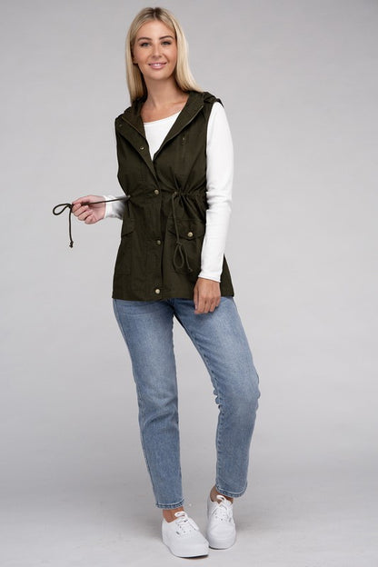 Drawstring Waist Military Hoodie Vest in Burgandy