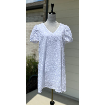 Everly White V-neck Eyelet Cotton Babydoll Mini Dress - Size Large