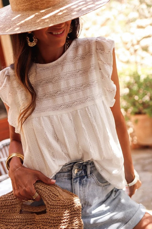 White Ruffled Lace Flowy Tank Top