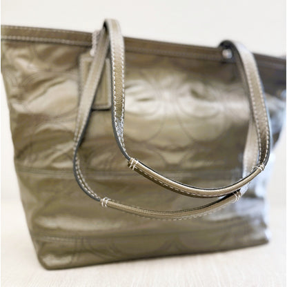 COACH Signature Stripe Stitch Patent Leather Tote Green Shoulder Bag