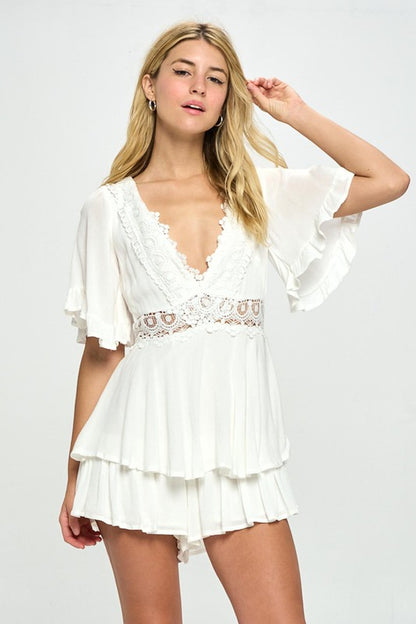 Flutter Sleeved Boho Romper with Crochet Trim