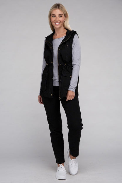 Drawstring Waist Military Hoodie Vest in Burgandy