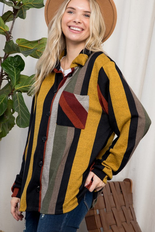 PLUS SIZE COZY STRIPE BUTTON DOWN SHACKET