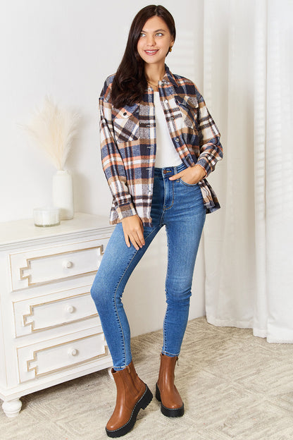 Double Take Plaid Button Front Shirt Jacket with Breast Pockets