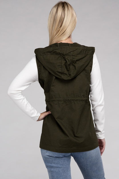 Drawstring Waist Military Hoodie Vest in Burgandy