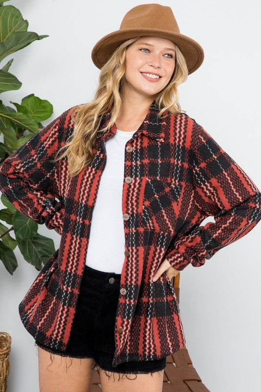 FUZZY PLAID BUTTON DOWN SHACKET