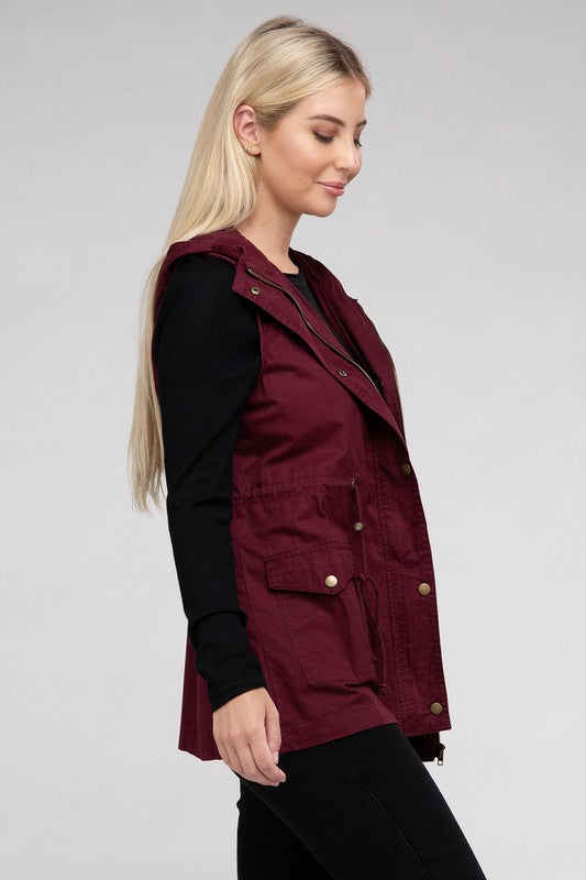 Drawstring Waist Military Hoodie Vest in Burgandy