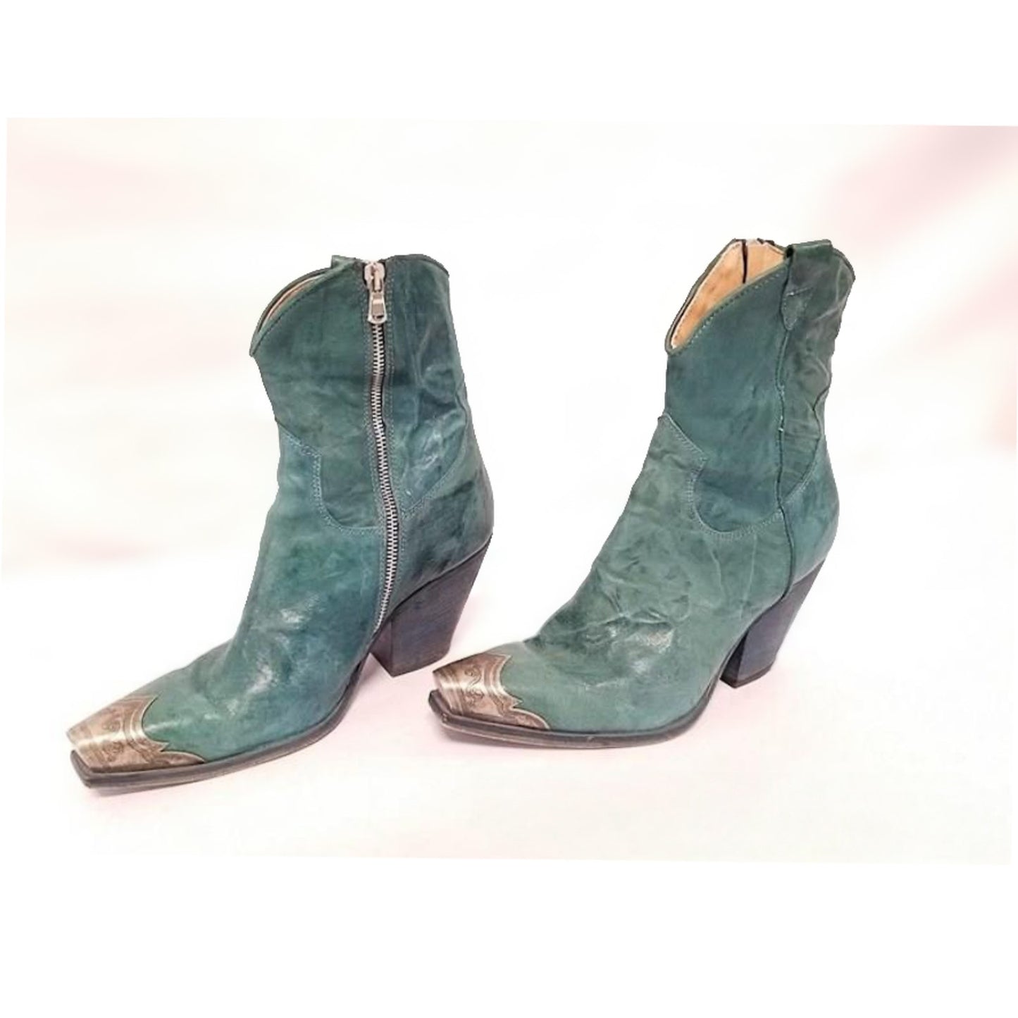 FREE PEOPLE Brayden Green Leather Western Ankle Boots with Metal Toe Caps