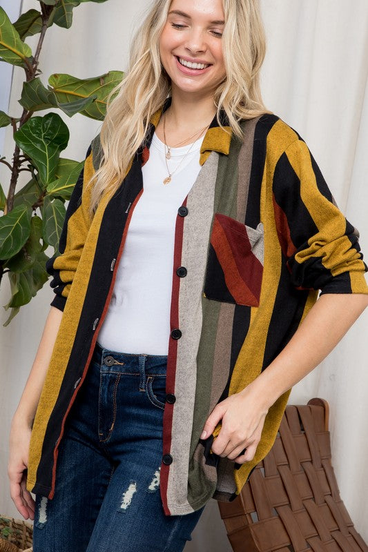 PLUS SIZE COZY STRIPE BUTTON DOWN SHACKET