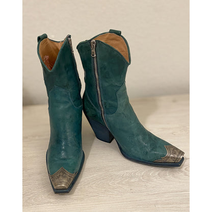 FREE PEOPLE Brayden Green Leather Western Ankle Boots with Metal Toe Caps