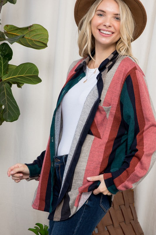 PLUS SIZE COZY STRIPE BUTTON DOWN SHACKET