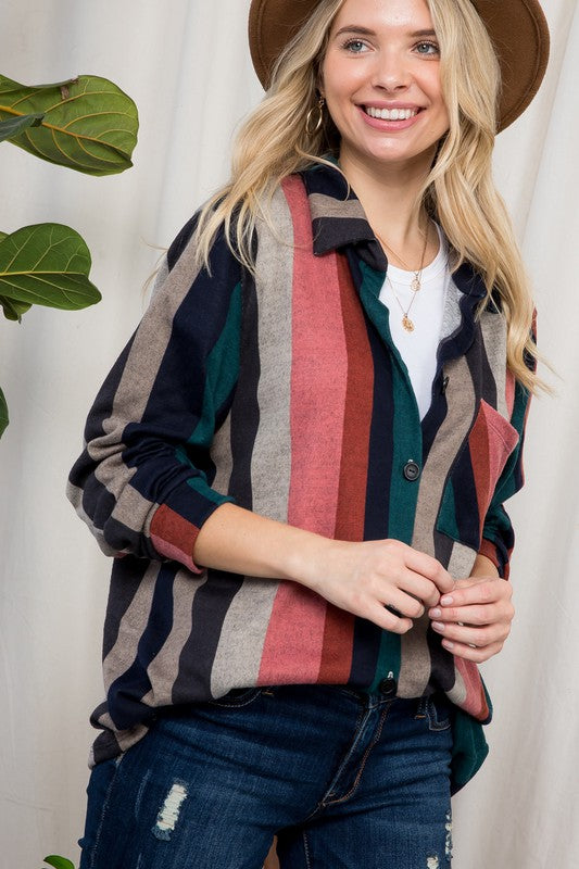 PLUS SIZE COZY STRIPE BUTTON DOWN SHACKET