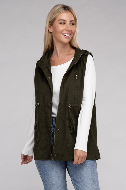 Drawstring Waist Military Hoodie Vest in Burgandy