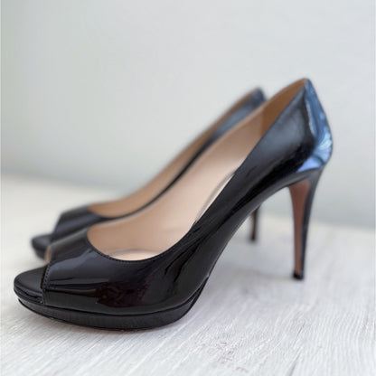 Prada Patent Leather Peep-Toe Pumps - Size 36.5 EU