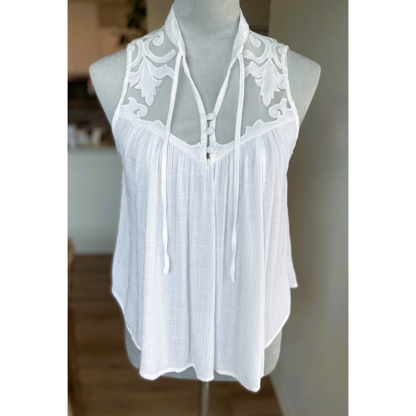 Free People White Western Crosshatch Mesh Tie Front Blouse - Size XS