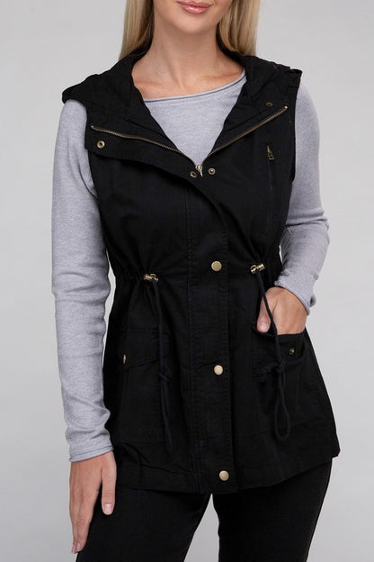 Drawstring Waist Military Hoodie Vest in Burgandy