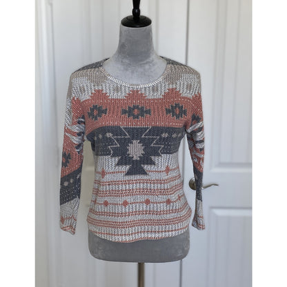 Blue Planet Aztec Graphic Pattern 3/4 Sleeve Scoop Neck Top - Size M